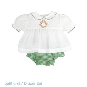 Petit Ami White Top with Green Checkered Diaper Cover